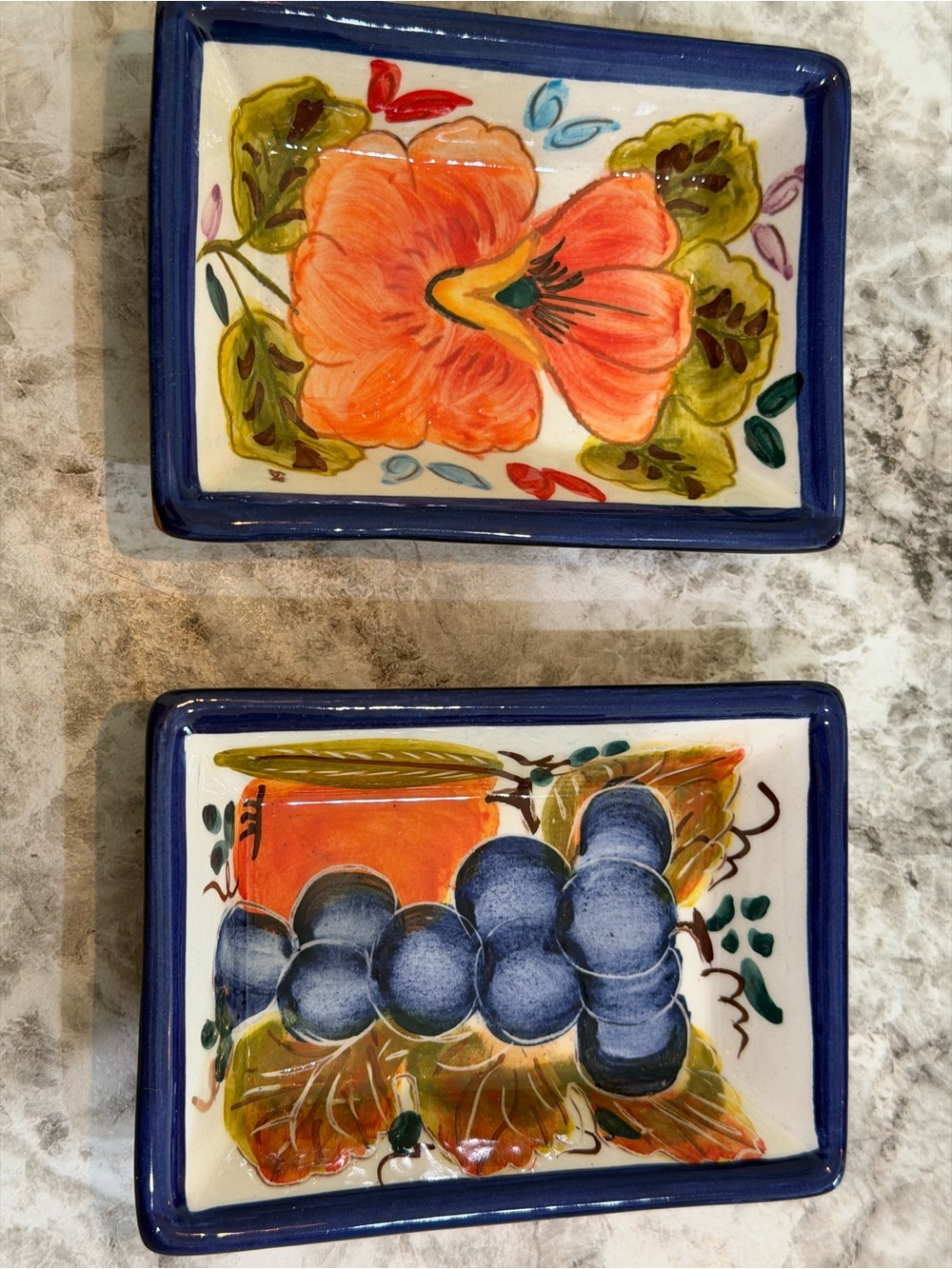 Hand-Painted Blue-Trim Ceramic Serving Dishes - Set of 2